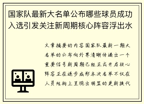 国家队最新大名单公布哪些球员成功入选引发关注新周期核心阵容浮出水面