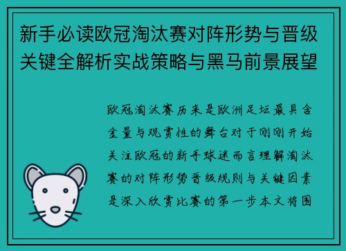 新手必读欧冠淘汰赛对阵形势与晋级关键全解析实战策略与黑马前景展望