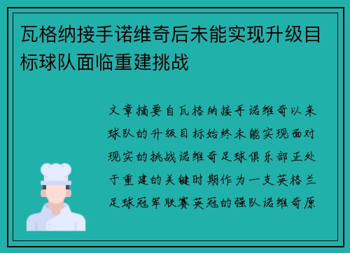 瓦格纳接手诺维奇后未能实现升级目标球队面临重建挑战